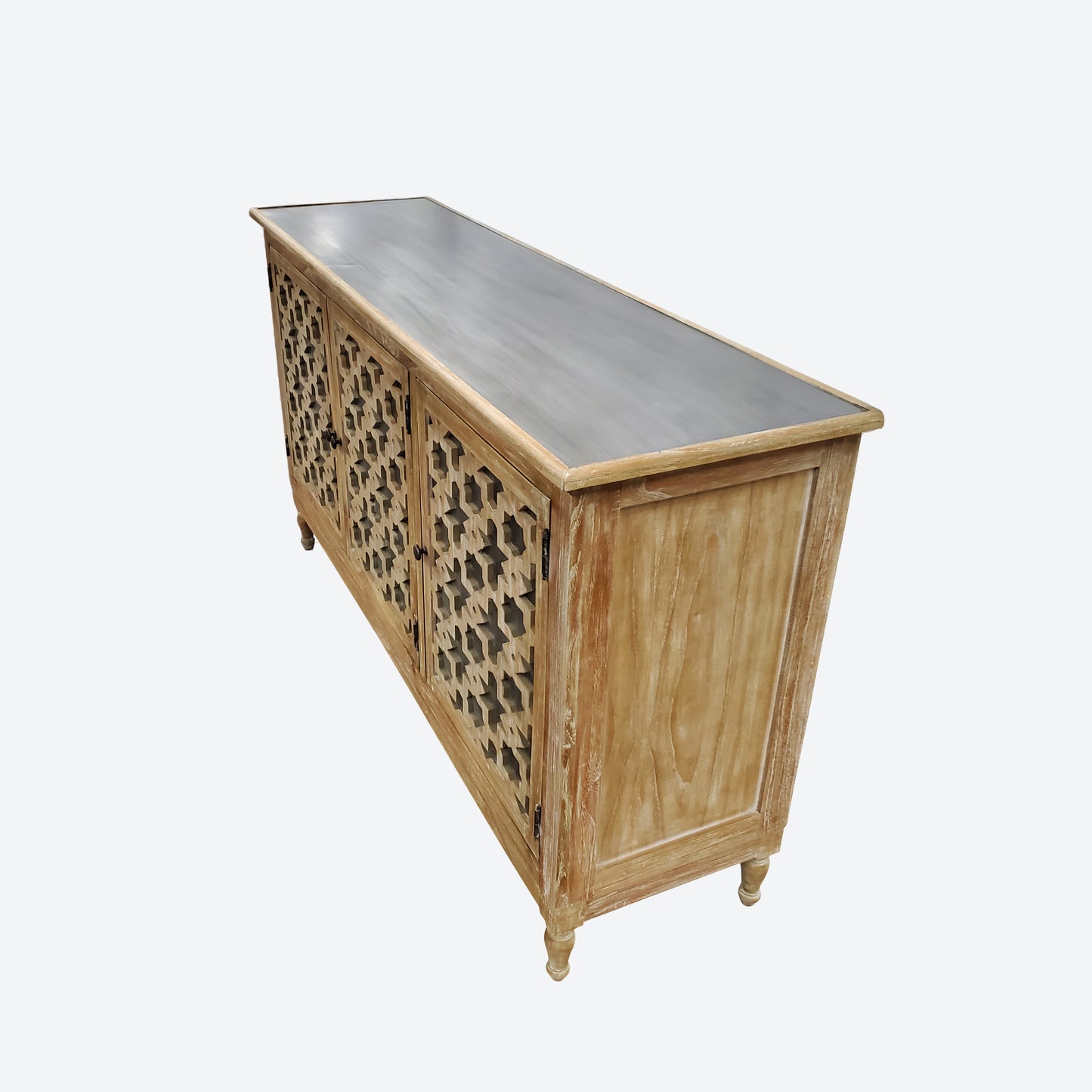 LIGHT BROWN CEDAR WOOD CENTER CONSOLE TABLE WITH ALUMINUM ACCENTS- SK (SKU1005)
