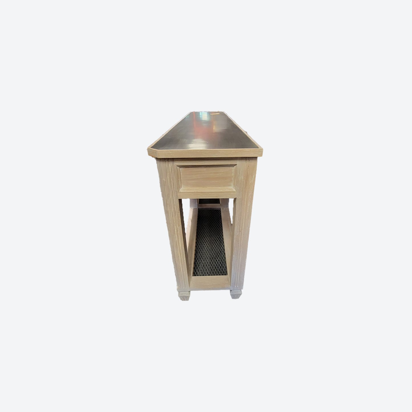 LIGHT CEDAR WOOD CENTER CONSOLE CABINET WITH METAL AND NETTED ACCENTS- SK- SKU 1010