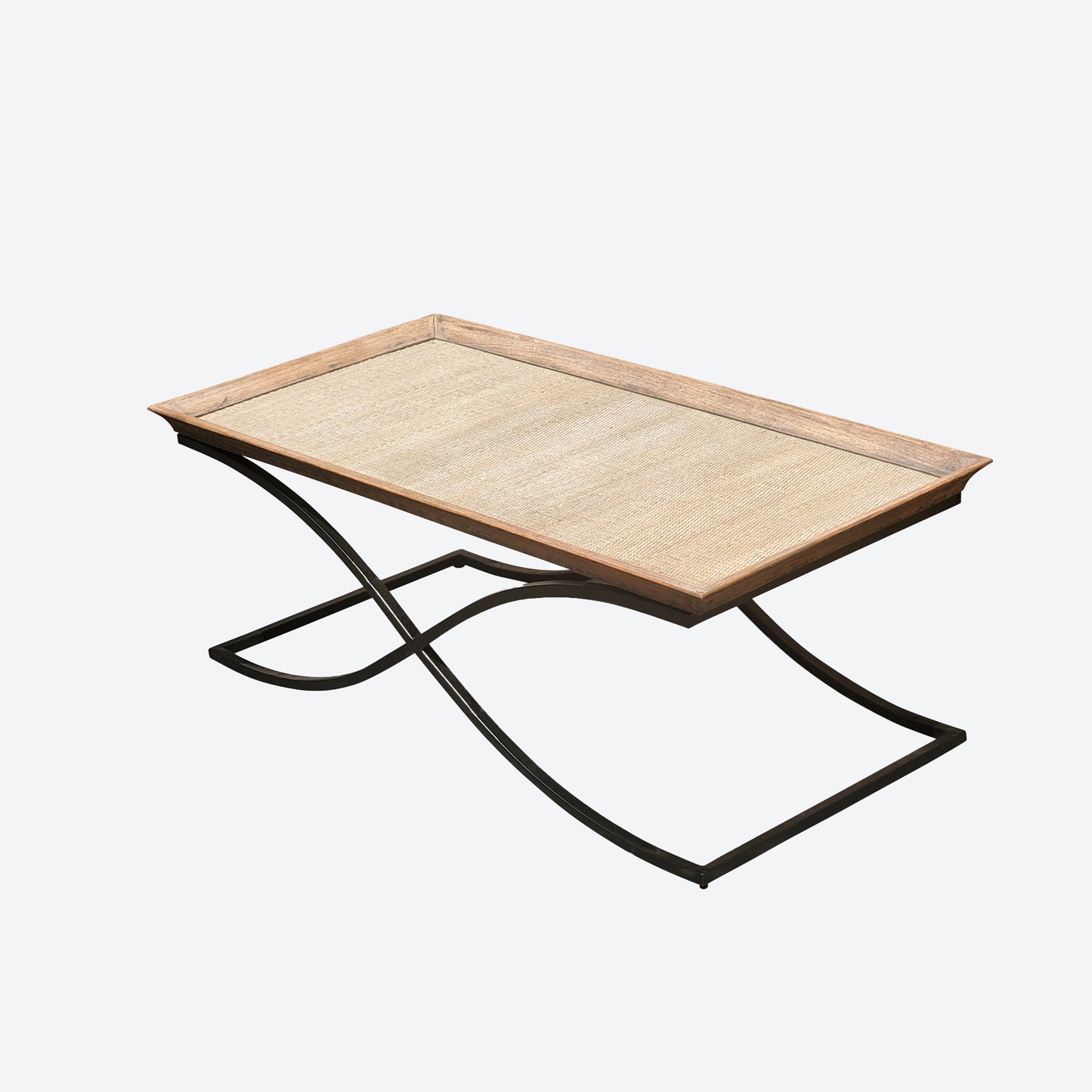 CEDAR WOOD CENTER TABLE WITH RATTAN AND METAL BASE- SK- SKU 1021