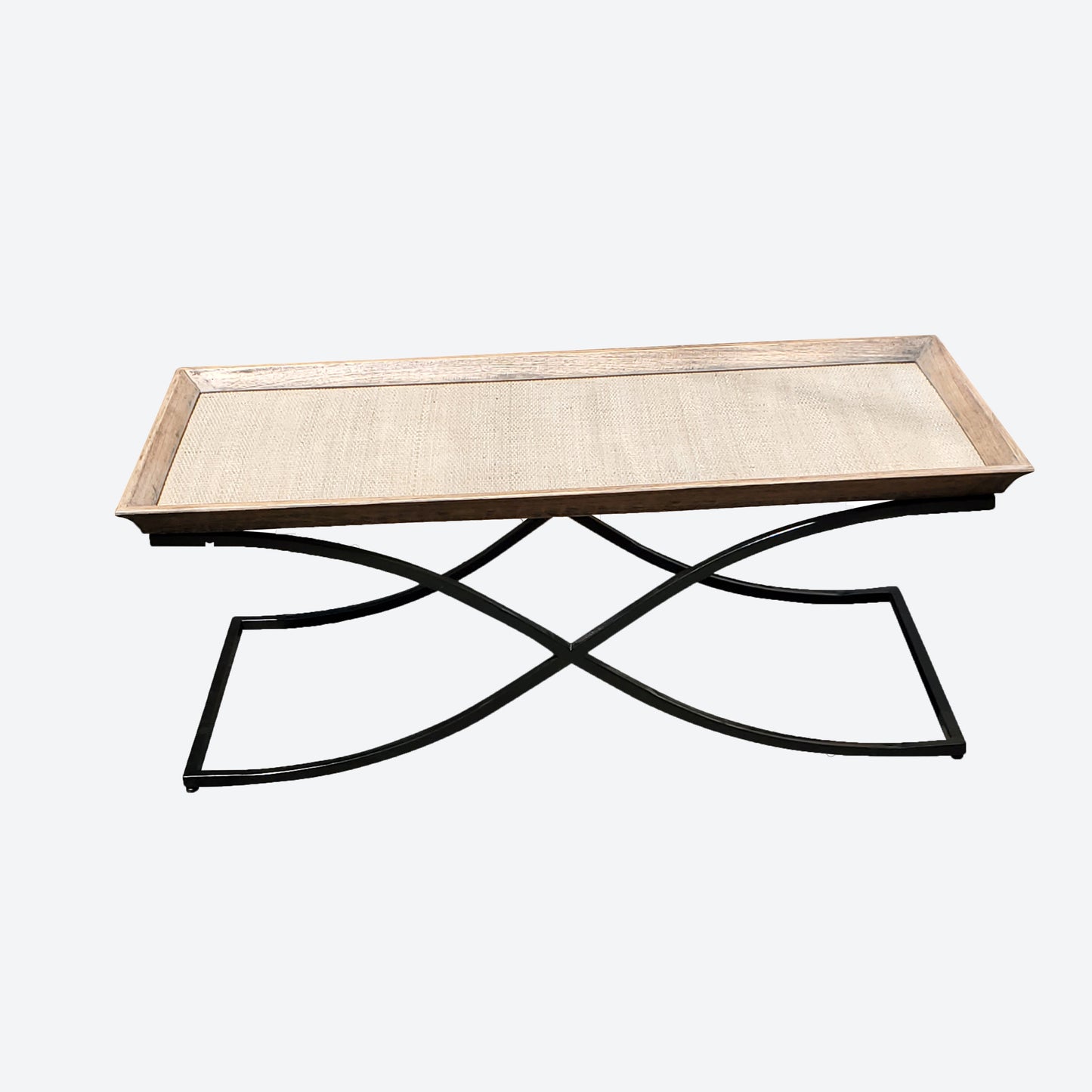 CEDAR WOOD CENTER TABLE WITH RATTAN AND METAL BASE- SK- SKU 1021