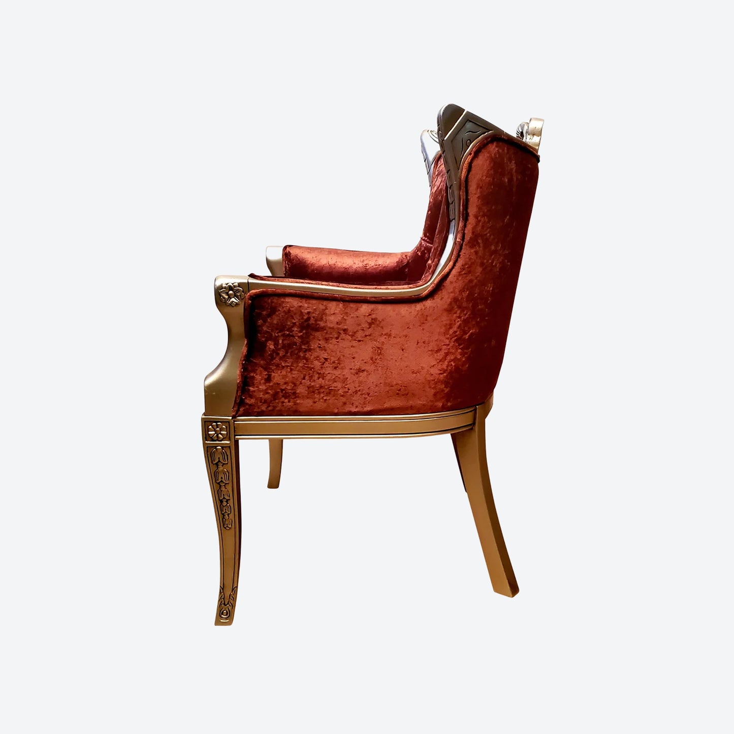 BROWN VELVET MAHOGANY WOOD ACCENT CHAIR WITH SILVER TRIM - SK- SKU 1028