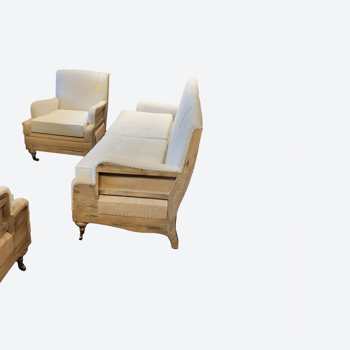 CONTEMPORARY TEAK WHITE/ BEIGE ORGANIC CANVAS FABRIC SOFA SET (3) TABLE IS SEPARATE - SK - 1032