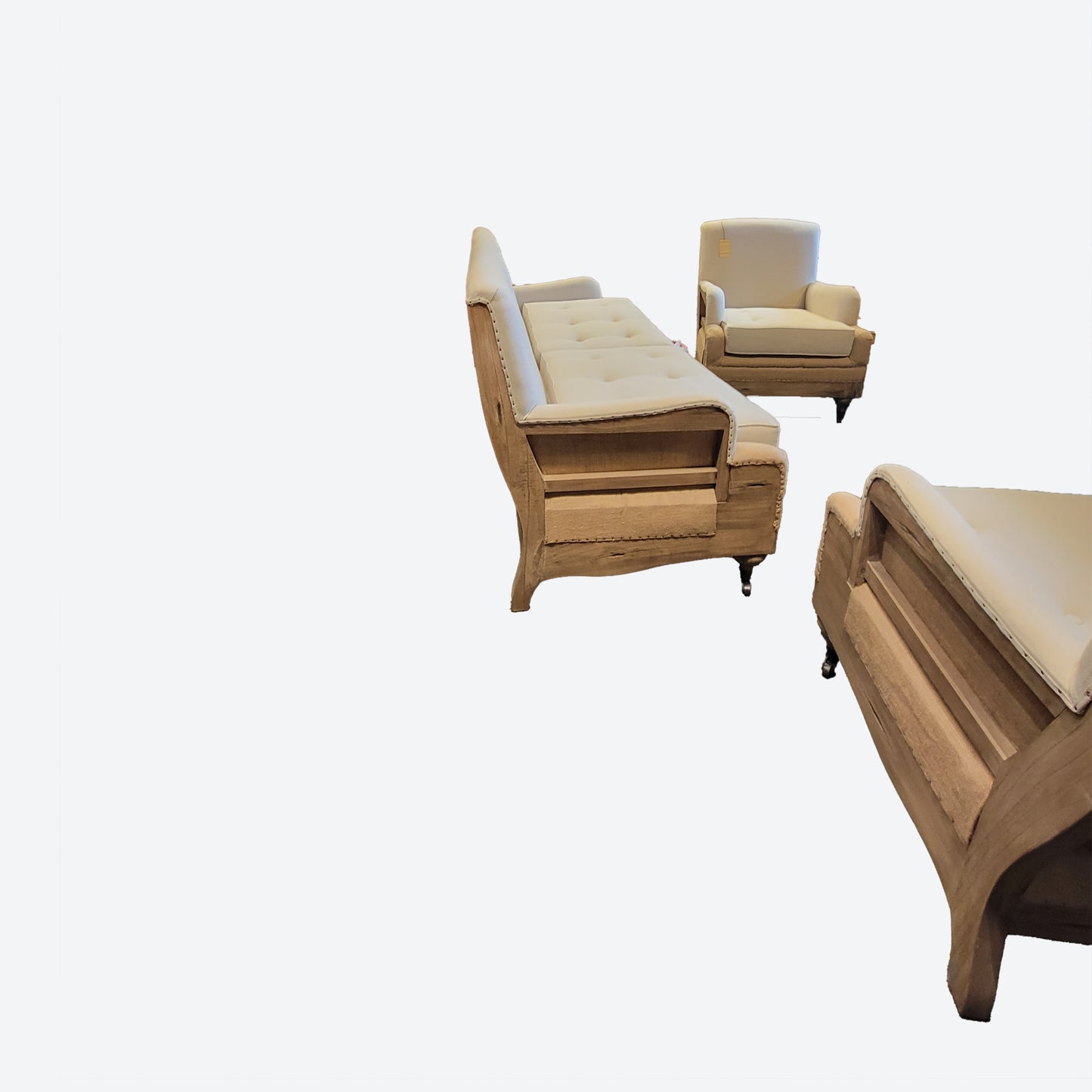 CONTEMPORARY TEAK WHITE/ BEIGE ORGANIC CANVAS FABRIC SOFA SET (3) TABLE IS SEPARATE - SK - 1032