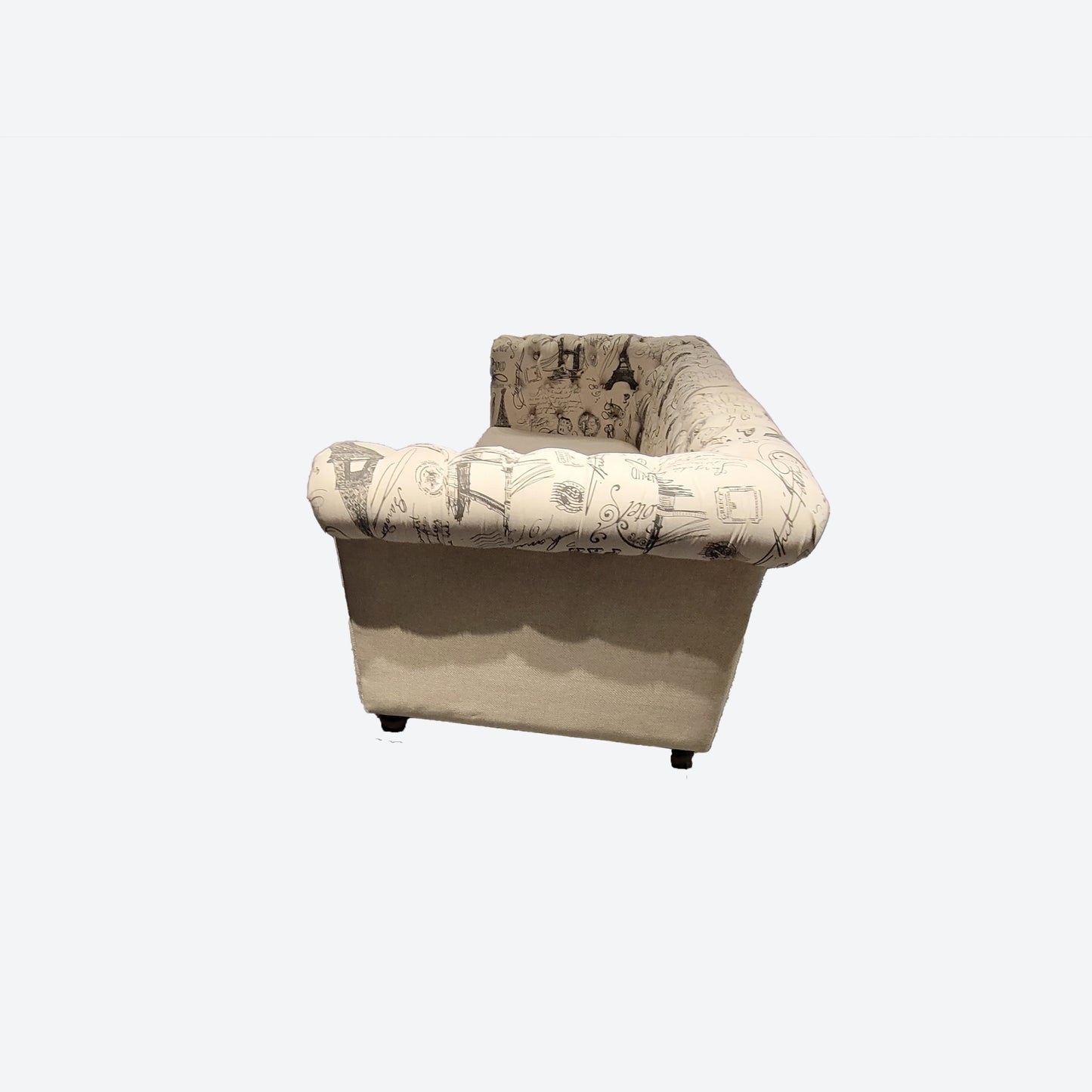 EIFFEL TOWER PRINT ORGANIC CANVAS FABRIC TUFTED PANEL THREE SEATER SOFA -SK- SKU 1054