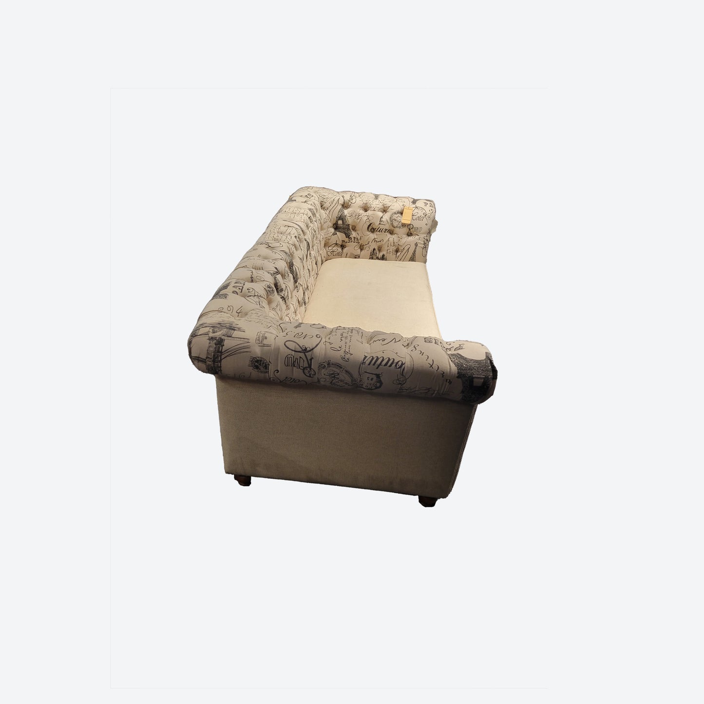 EIFFEL TOWER PRINT ORGANIC CANVAS FABRIC TUFTED PANEL THREE SEATER SOFA -SK- SKU 1054