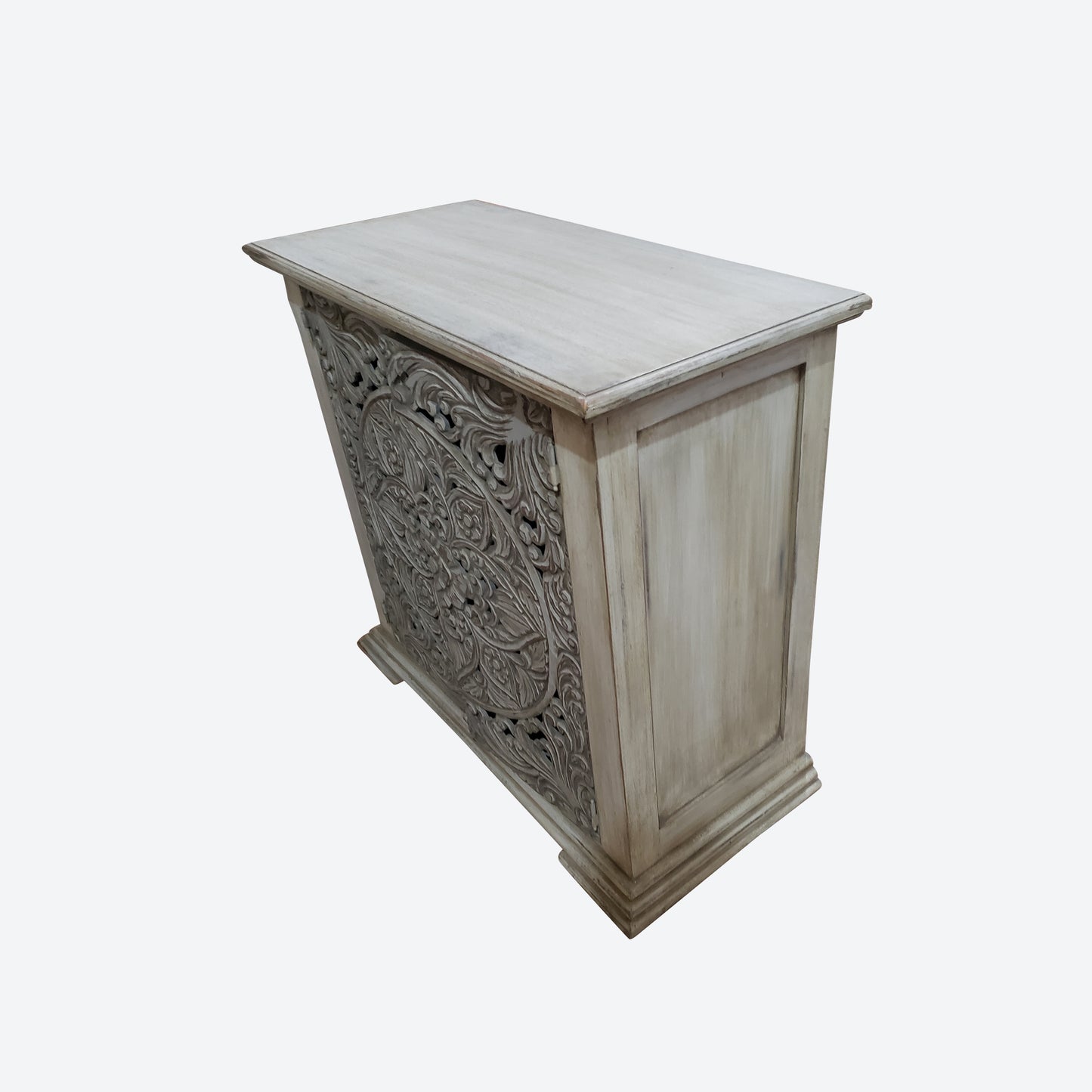 Light GRAY CEDAR WOOD CENTER CONSOLE TABLE WITH HANDCARVED MANDALA -SK- SKU 1064
