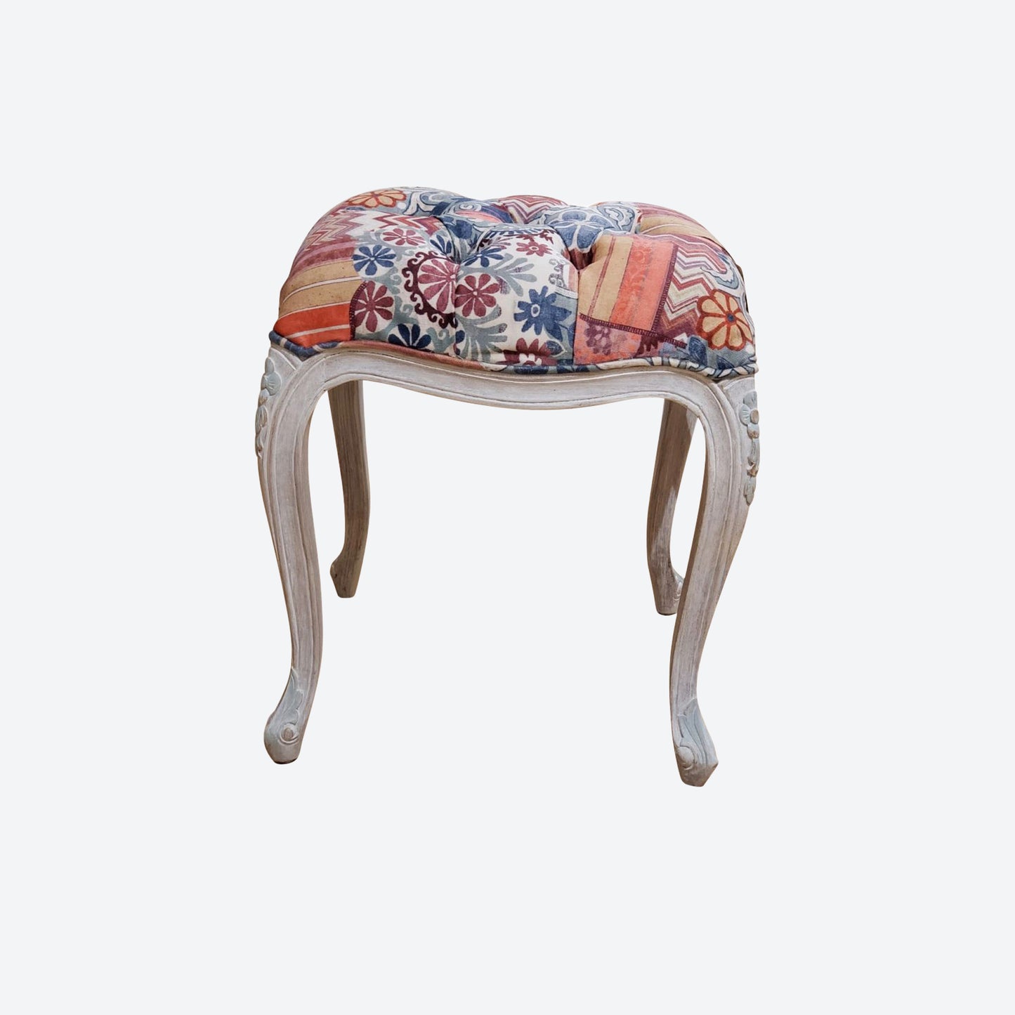 Multicolor Organic Canvas Fabric Vanity Stool (White Cedar Legs) -SK (SKU 1165)