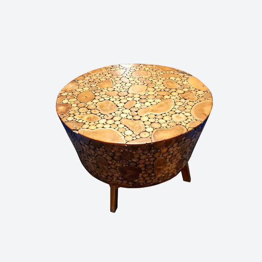 TEAK ROUND TABLE  WITH CIRCLE STUMPS -SK (SKU 1067)