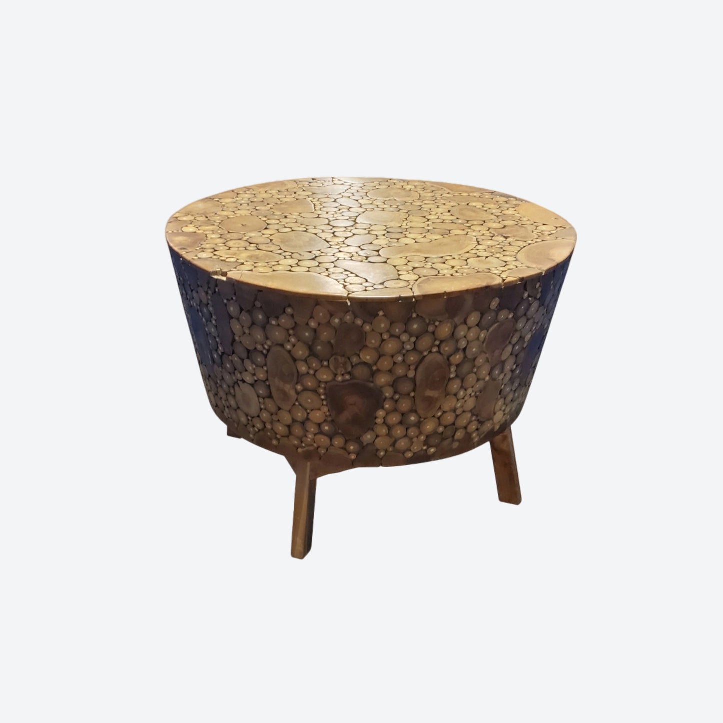 TEAK ROUND TABLE WITH CIRCLE STUMPS -SK (SKU 1067)