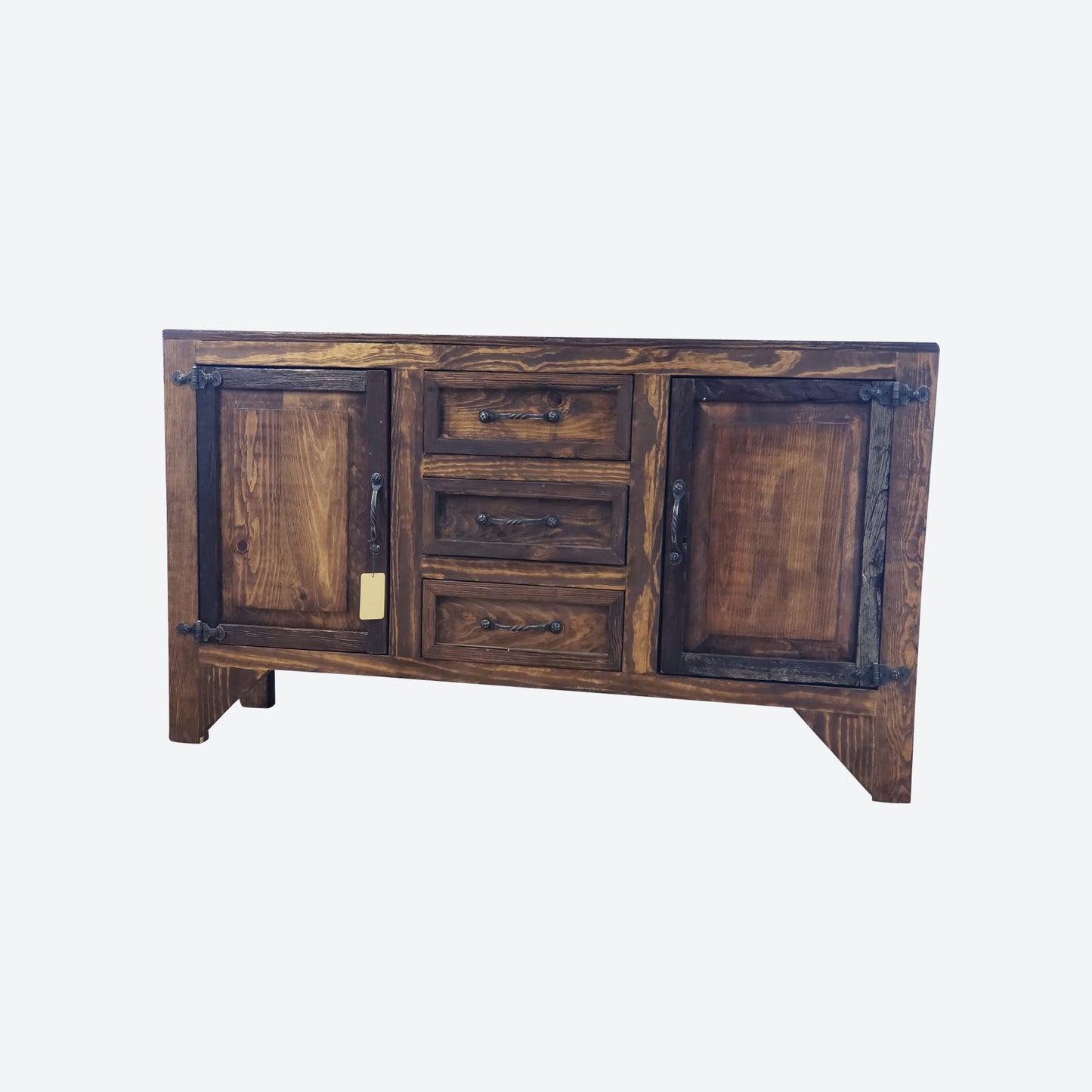 Mesquite WOOD CENTER CONSOLE TABLE WITH HAMMERED ACCENTS AND CABINETS -SK- SKU 1085