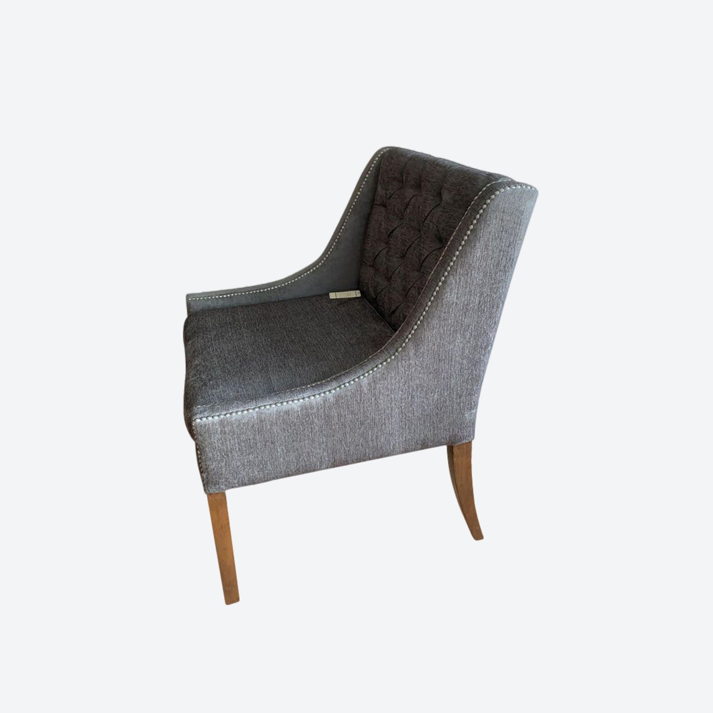 GRAY ORGANIC CANVAS FABRIC TUFTED ACCENT CHAIR WITH OAK LEGS -SK- SKU 1090