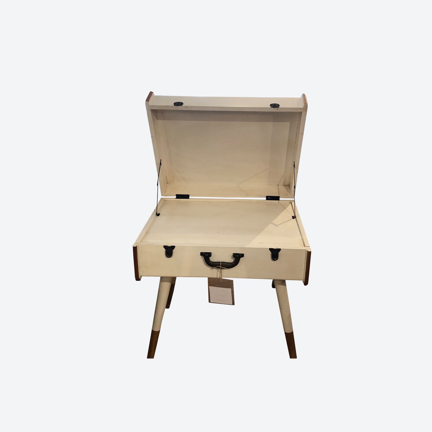 White CEDAR WOOD Suitcase TABLE WITH METAL TABS AND HANDLE AND BROWN TRIM -SK- SKU 1134