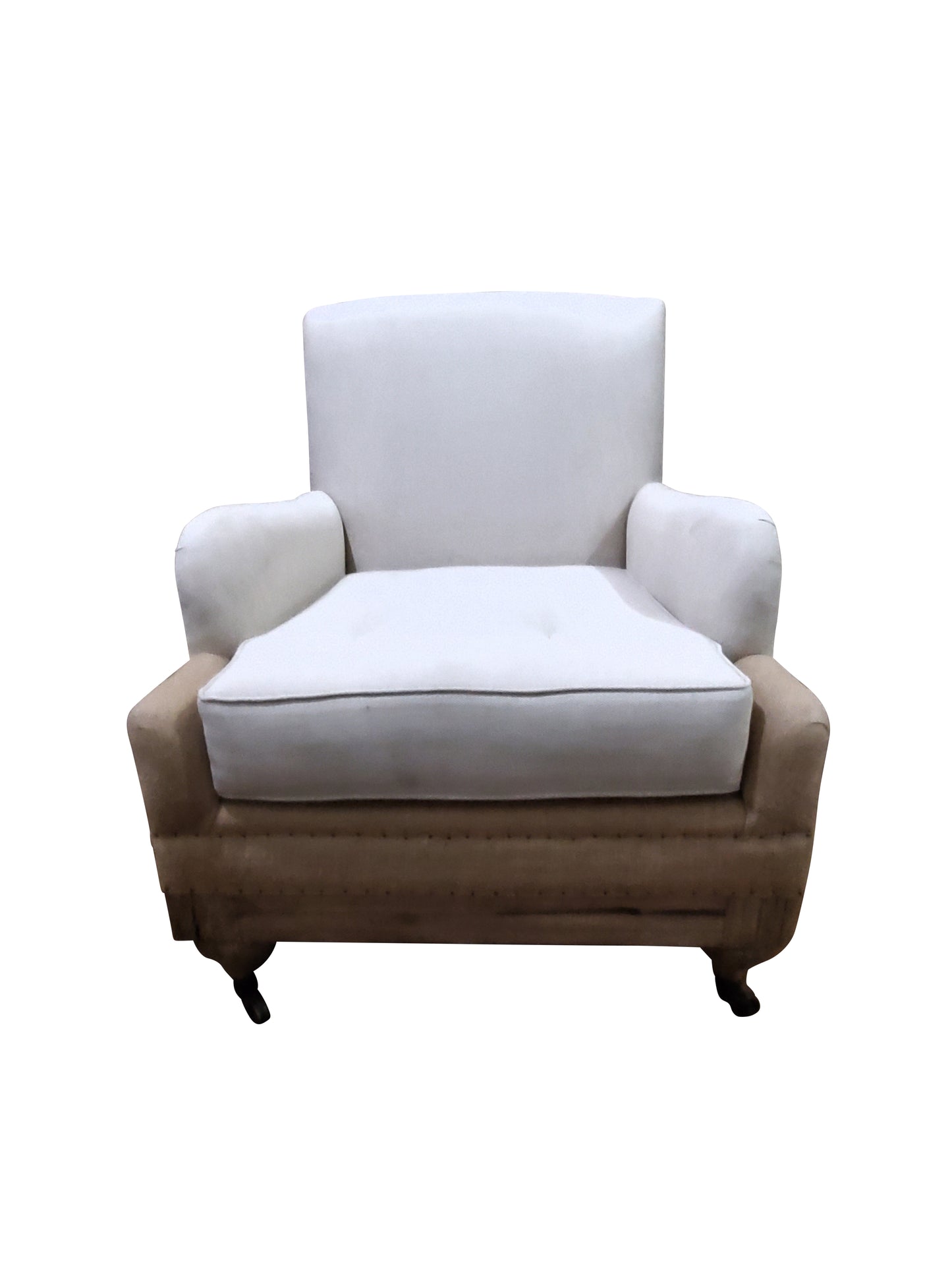 CONTEMPORARY TEAK WHITE/ BEIGE ORGANIC CANVAS FABRIC SOFA SET (3) TABLE IS SEPARATE - SK - 1032