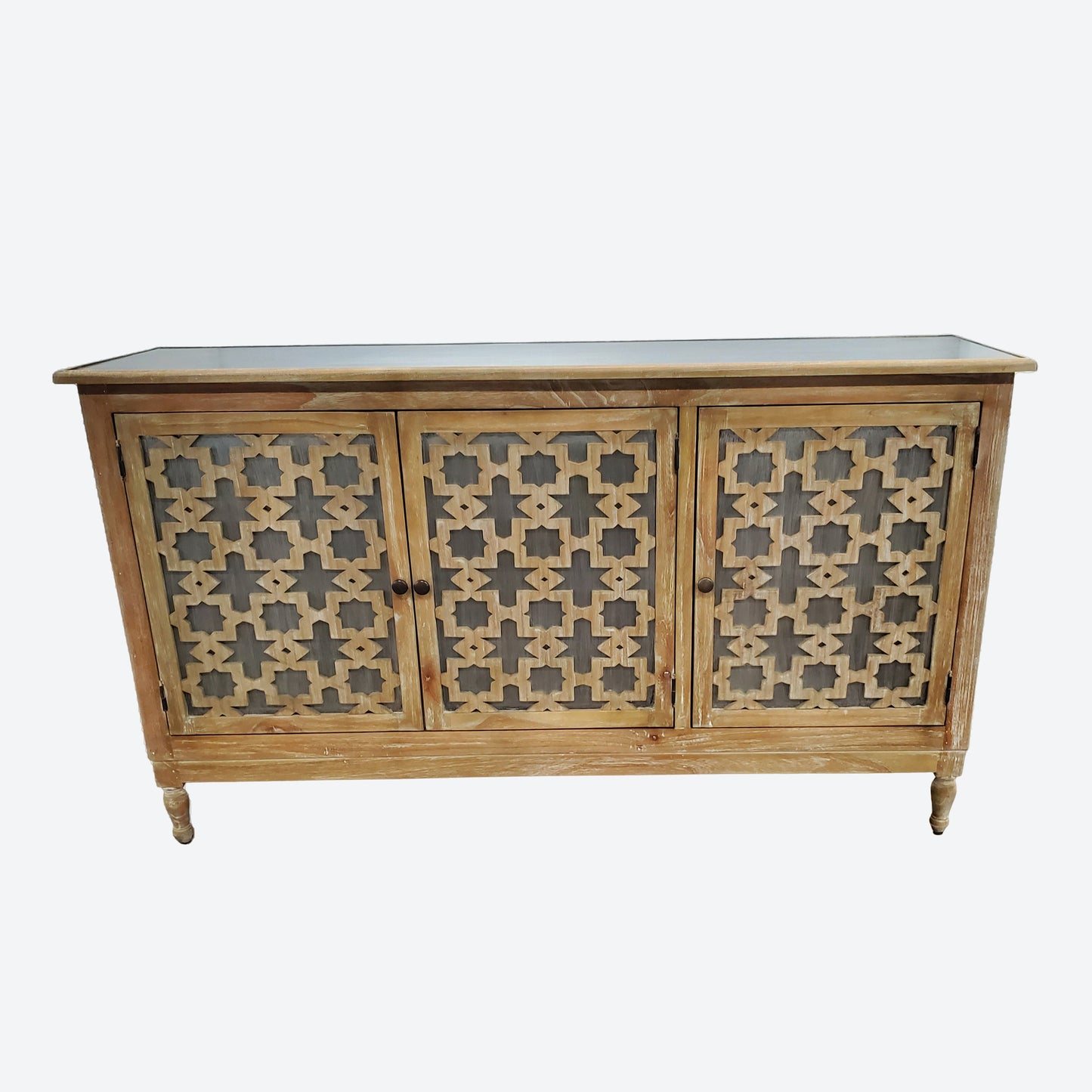 LIGHT BROWN CEDAR WOOD CENTER CONSOLE TABLE WITH ALUMINUM ACCENTS- SK (SKU1005)