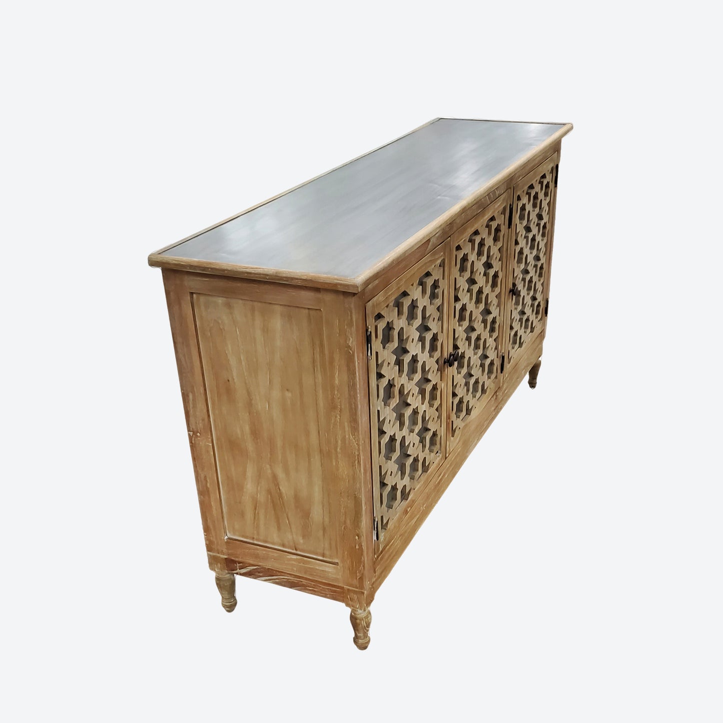 LIGHT BROWN CEDAR WOOD CENTER CONSOLE TABLE WITH ALUMINUM ACCENTS- SK (SKU1005)