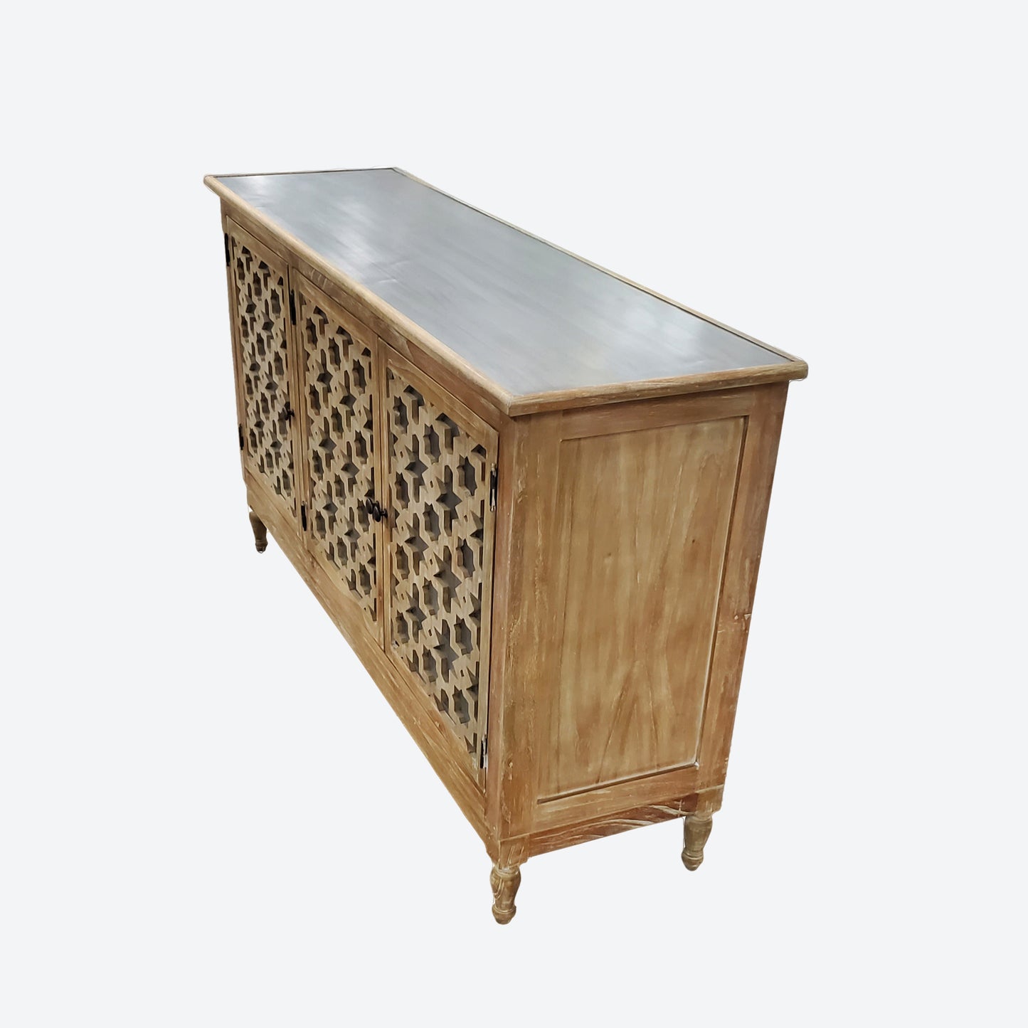 LIGHT BROWN CEDAR WOOD CENTER CONSOLE TABLE WITH ALUMINUM ACCENTS- SK (SKU1005)