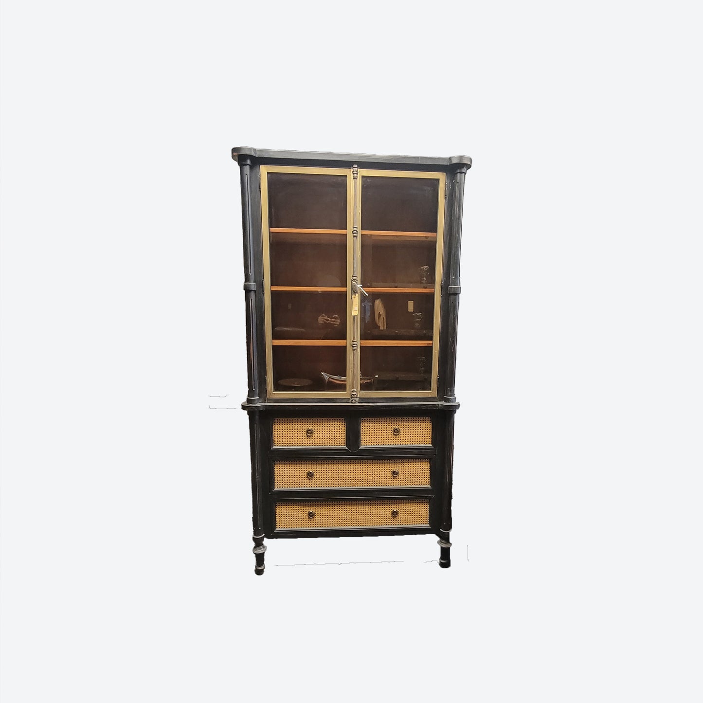 BLACK CABINET WITH GOLD ACCENTS ( TWO PORTIONS) [METAL KNOB AND MECHANISM] AND Cedar Wood Cabinet With Rattan Drawers-  SK- SKU 1006