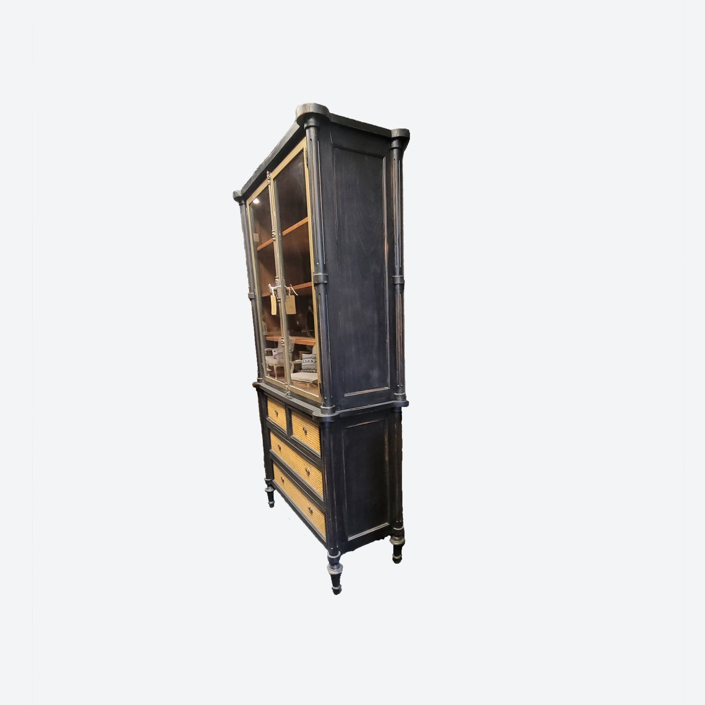 BLACK CABINET WITH GOLD ACCENTS ( TWO PORTIONS) [METAL KNOB AND MECHANISM] AND Cedar Wood Cabinet With Rattan Drawers-  SK- SKU 1006