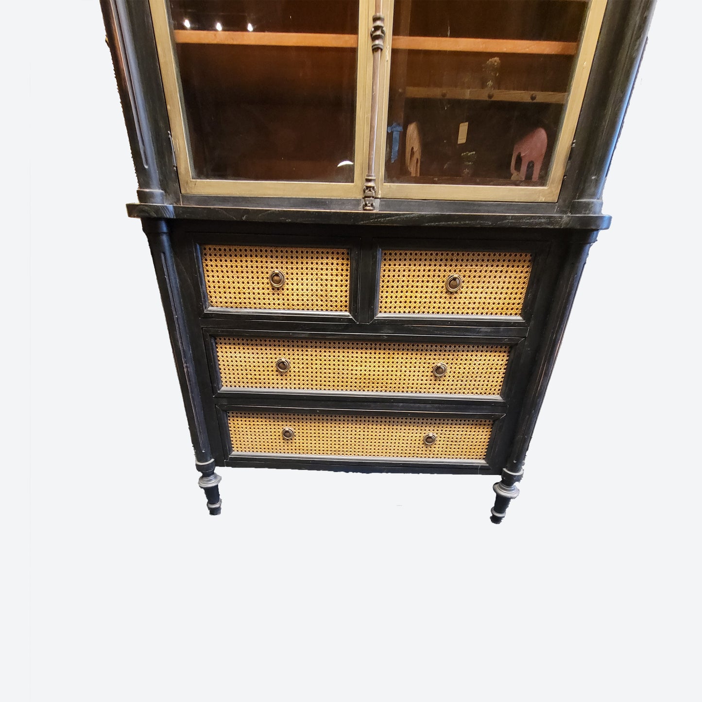 BLACK CABINET WITH GOLD ACCENTS ( TWO PORTIONS) [METAL KNOB AND MECHANISM] AND Cedar Wood Cabinet With Rattan Drawers-  SK- SKU 1006