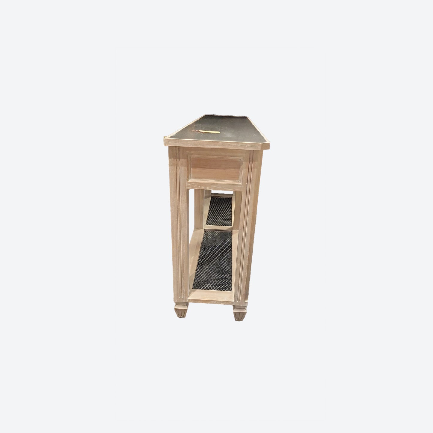 LIGHT CEDAR WOOD CENTER CONSOLE CABINET WITH METAL AND NETTED ACCENTS- SK- SKU 1010