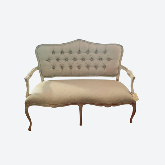 CEDAR WOOD ORGANIC CANVAS FABRIC TUFTED 2 SEATER FRENCH SETTEE -SK- SKU 1025