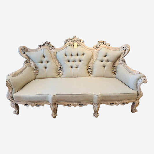 Beige Organic Canvas Fabric Handcarved Cedar Wood Three Seater Sofa  -SK-SKU 1027