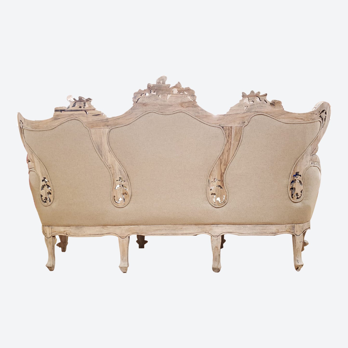 Beige Organic Canvas Fabric Handcarved Cedar Wood Three Seater Sofa  -SK-SKU 1027