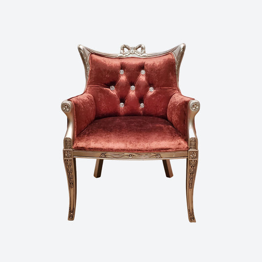 BROWN VELVET MAHOGANY WOOD ACCENT CHAIR WITH SILVER TRIM - SK- SKU 1028