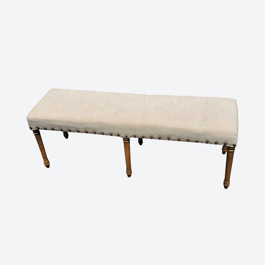 Beige Tufted Organic Canvas Oak Bench -SK (SKU 1047)