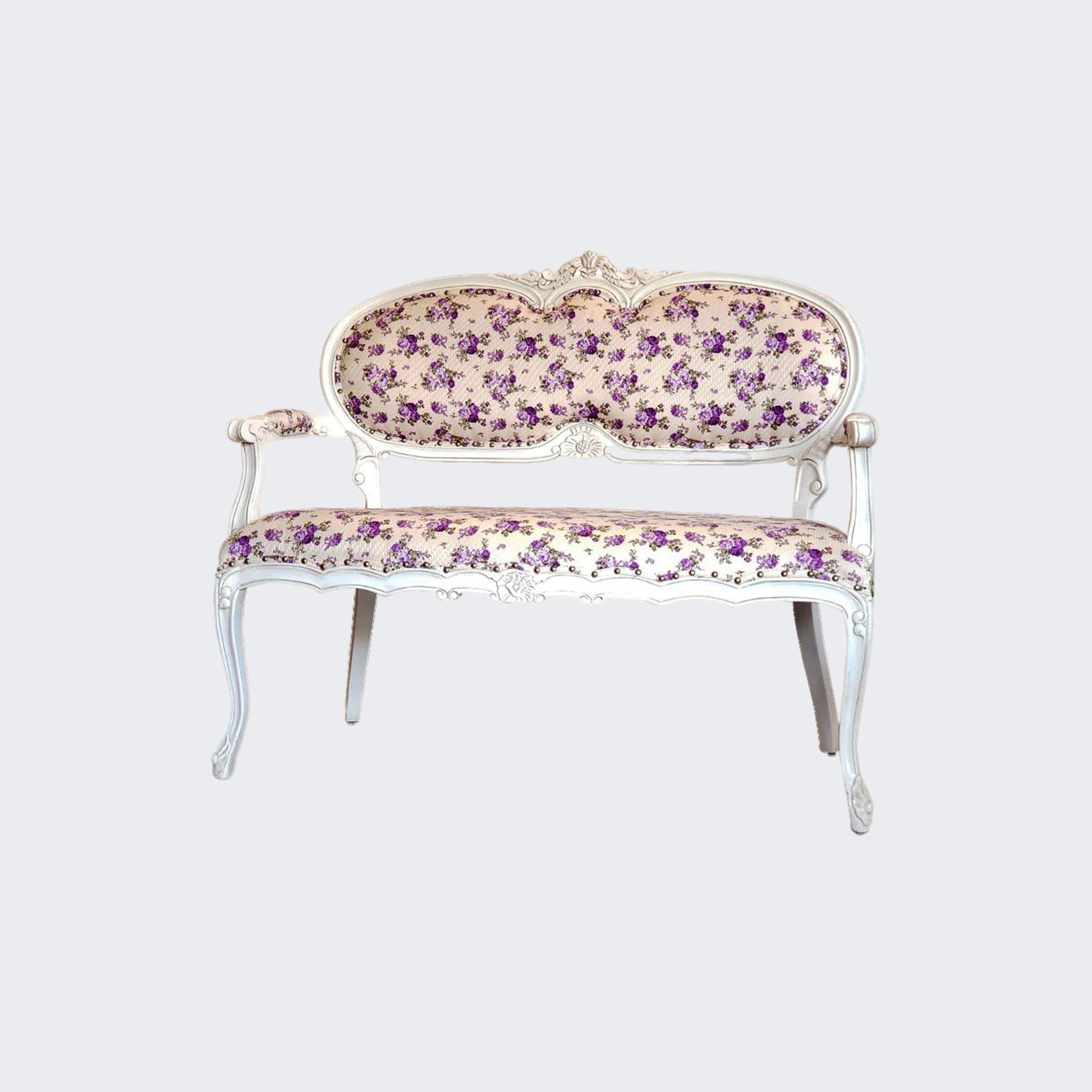 White Cedar Two Seater Sofa With Purple Floral Pattern On Organic Canvas Fabric -SK- SKU 1150