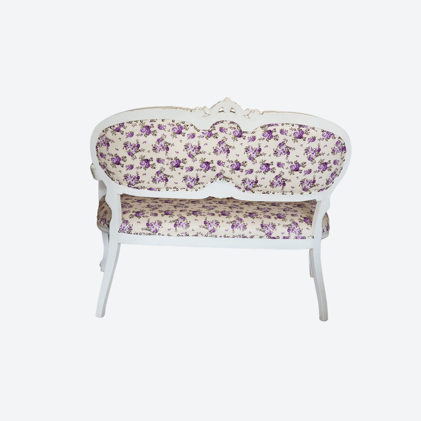 White Cedar Two Seater Sofa With Purple Floral Pattern On Organic Canvas Fabric -SK- SKU 1150
