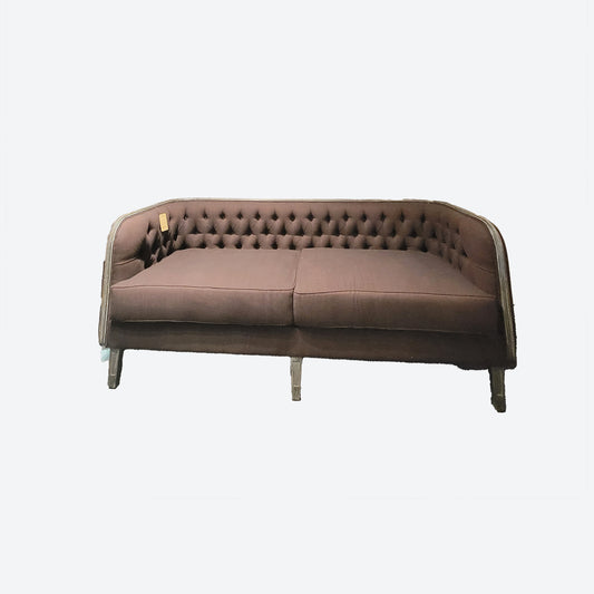 BROWN ORGANIC CANVAS FABRIC TUFTED [CHESTERFIELD LIKE] THREE SEATER SOFA WITH CEDAR ACCENTS -SK- SKU 1055
