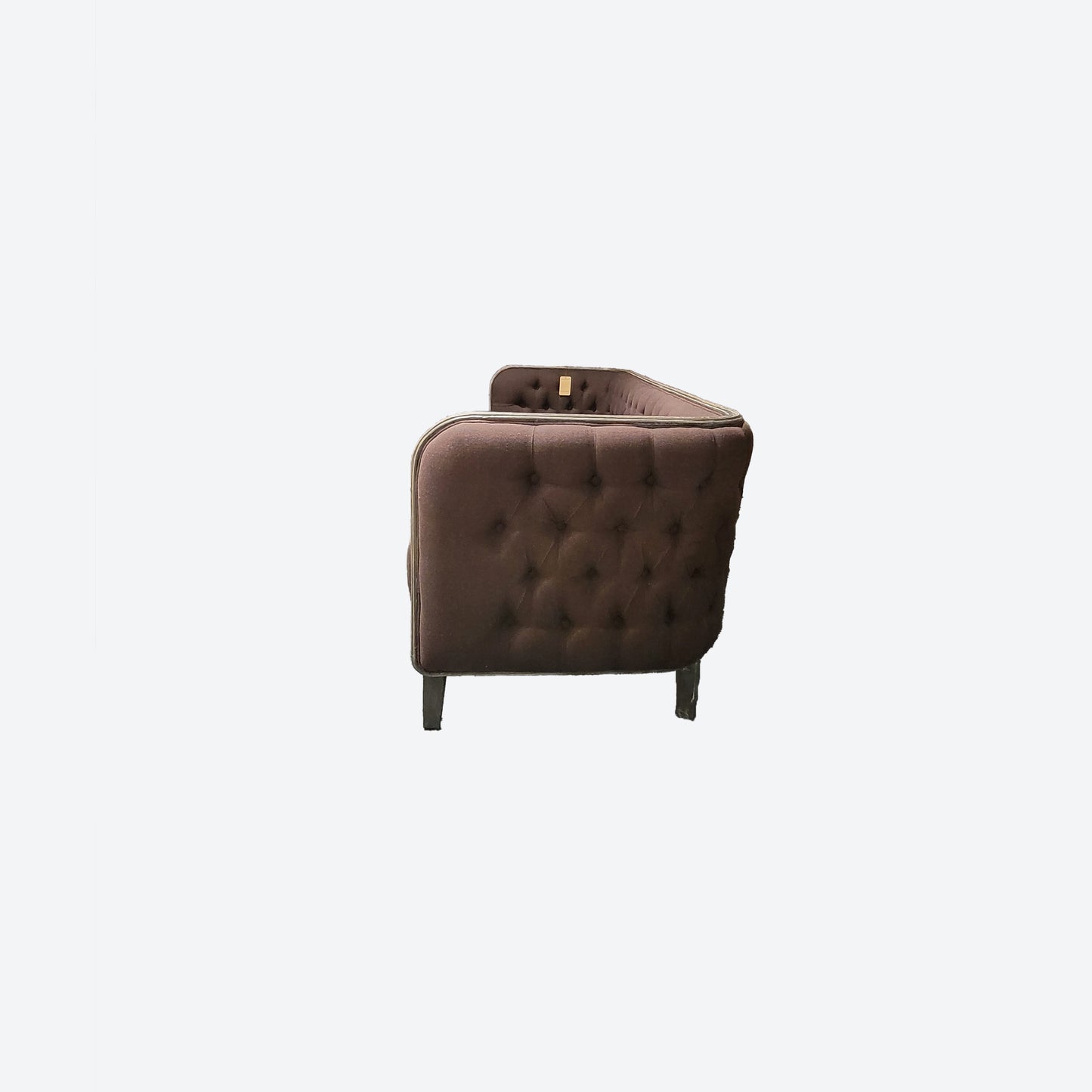 BROWN ORGANIC CANVAS FABRIC TUFTED [CHESTERFIELD LIKE] THREE SEATER SOFA WITH CEDAR ACCENTS -SK- SKU 1055