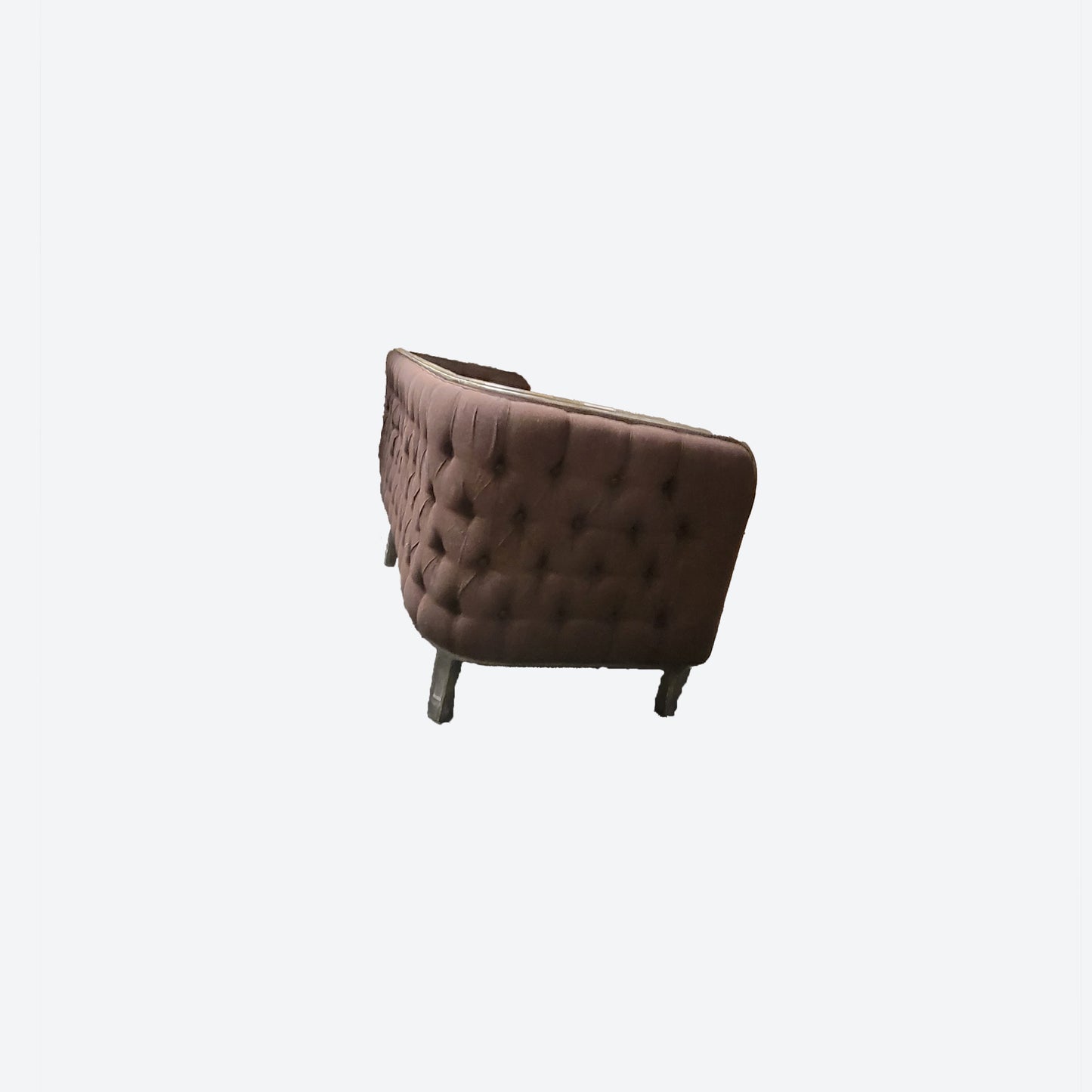 BROWN ORGANIC CANVAS FABRIC TUFTED [CHESTERFIELD LIKE] THREE SEATER SOFA WITH CEDAR ACCENTS -SK- SKU 1055