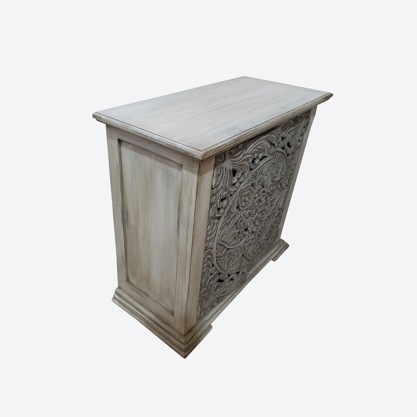 Light GRAY CEDAR WOOD CENTER CONSOLE TABLE WITH HANDCARVED MANDALA -SK- SKU 1064