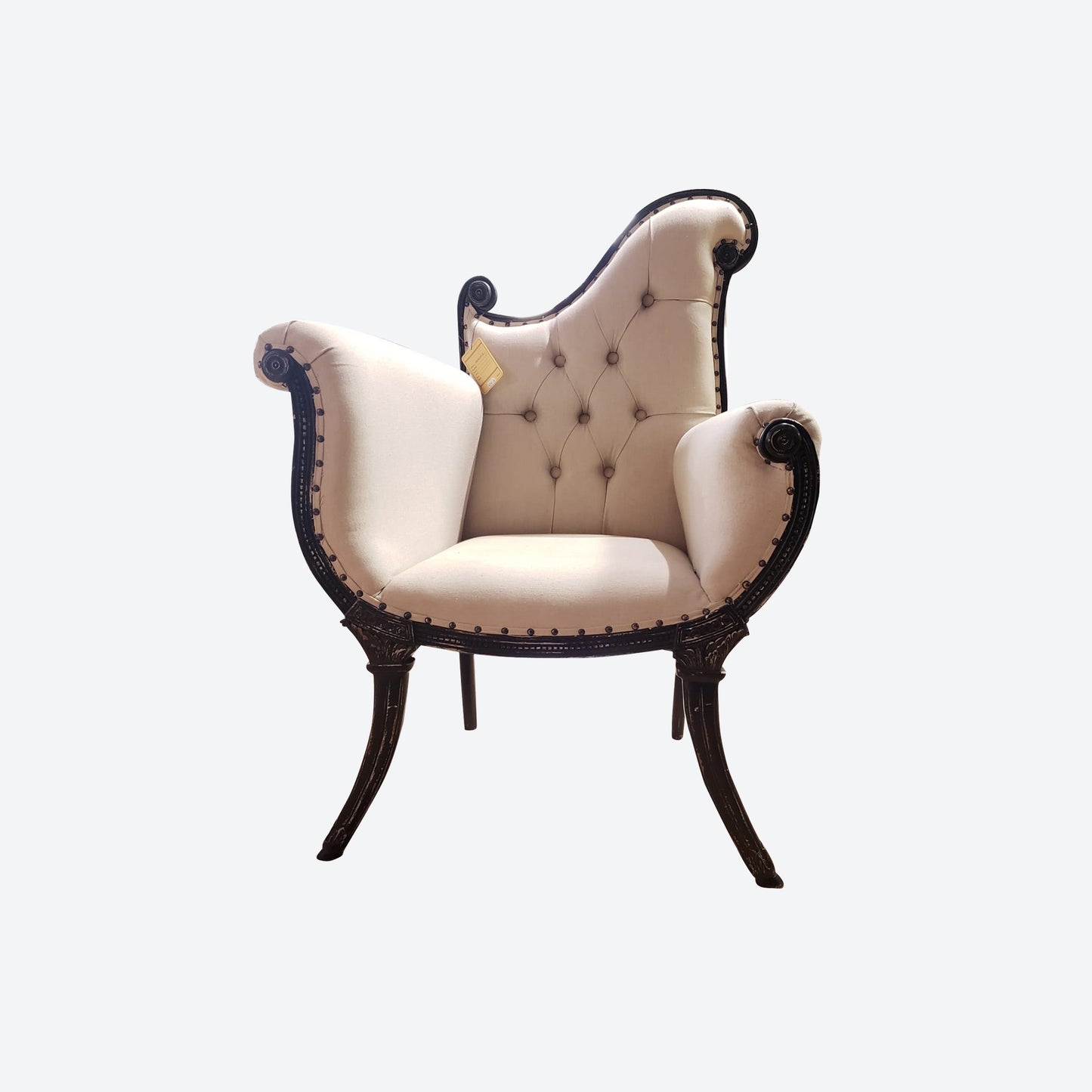 Curved LINE RUSTIC CEDAR WOOD ACCENT CHAIR WITH ORGANIC CANVAS FABRIC -SK- SKU 1072