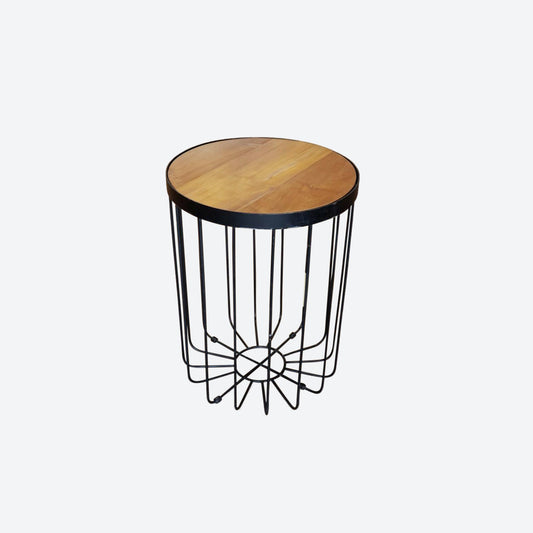 Teak [BASKET SHAPE] SIDE TABLE WITH METAL BASE AND LEG- SK (SKU 1079)