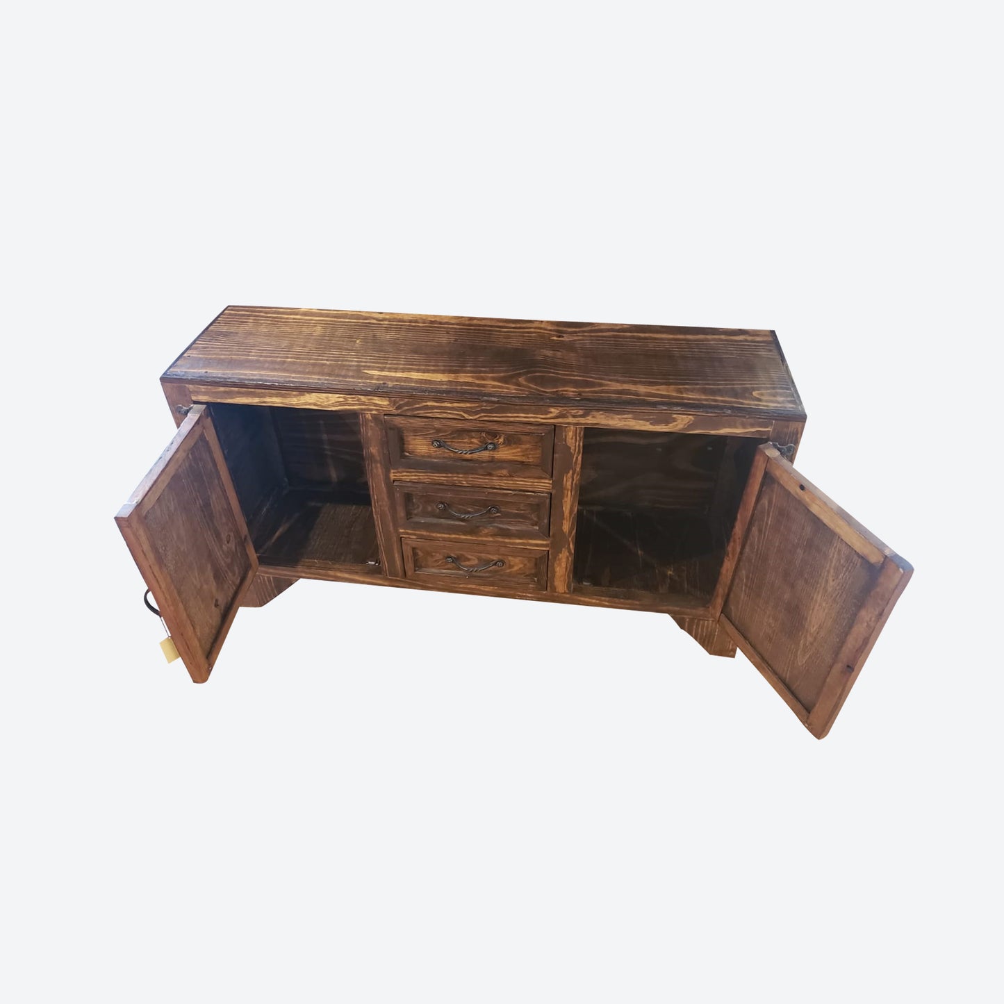 Mesquite WOOD CENTER CONSOLE TABLE WITH HAMMERED ACCENTS AND CABINETS -SK- SKU 1085