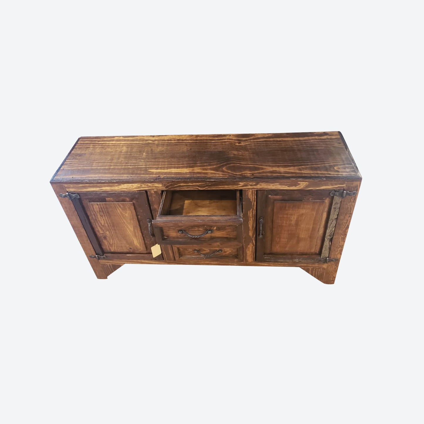 Mesquite WOOD CENTER CONSOLE TABLE WITH HAMMERED ACCENTS AND CABINETS -SK- SKU 1085