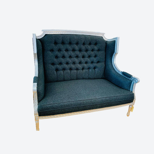 Black Tufted ORGANIC CANVAS FABRIC TWO SEATER SOFA WITH SILVER CEDAR WOOD TRIM -SK- SKU 1099