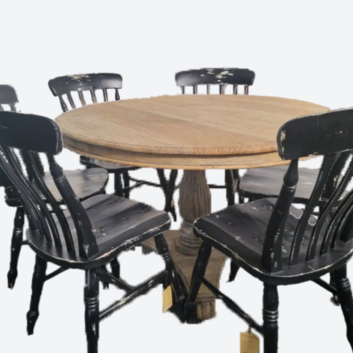 Round Rustic Cedar Wood Dining Table Set ( TABLE ONLY = $745) With 6 Black Rustic Cedar Wood Chairs -SK (SKU 1108)