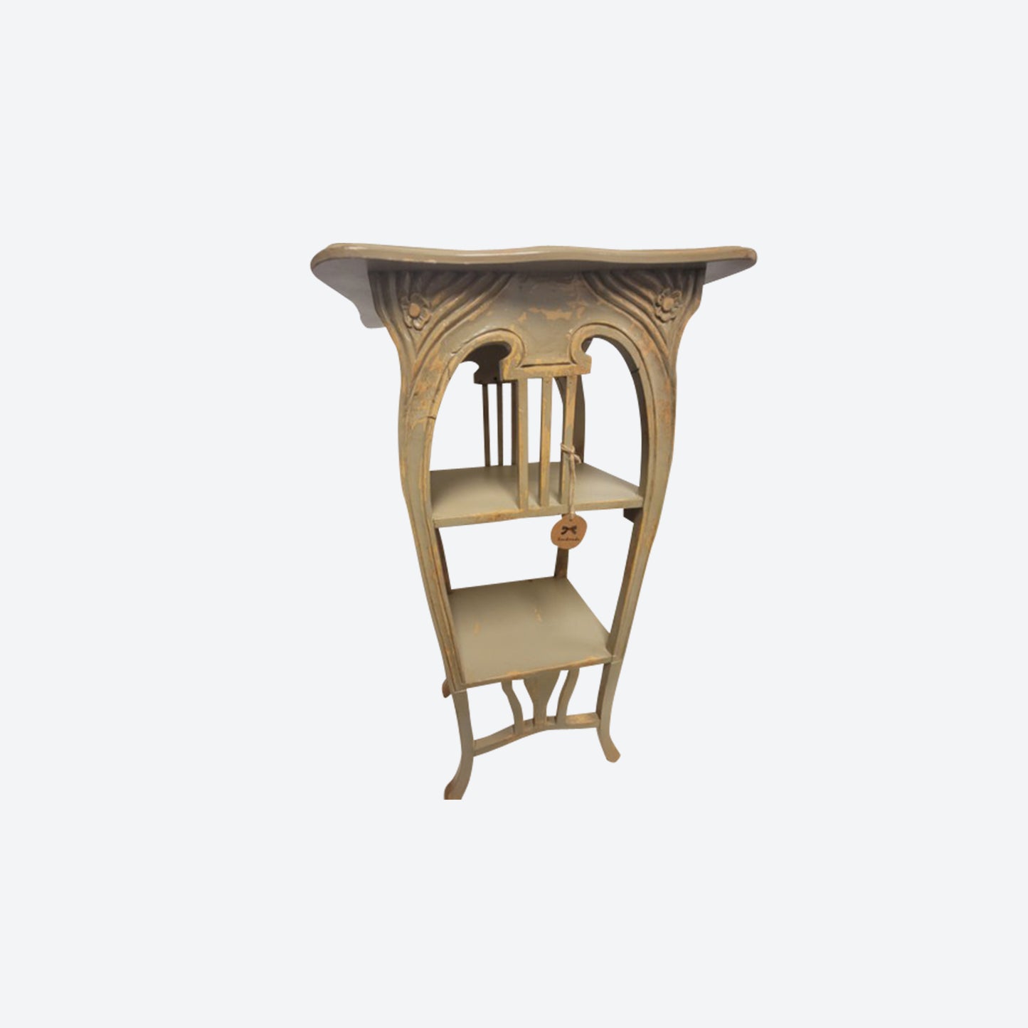 Light GREEN [ AND LIGHT BROWN ACCENTS]  RUSTIC SIDE/ ACCENT TABLE WITH CARVED ACCENTS -SK- SKU 1130