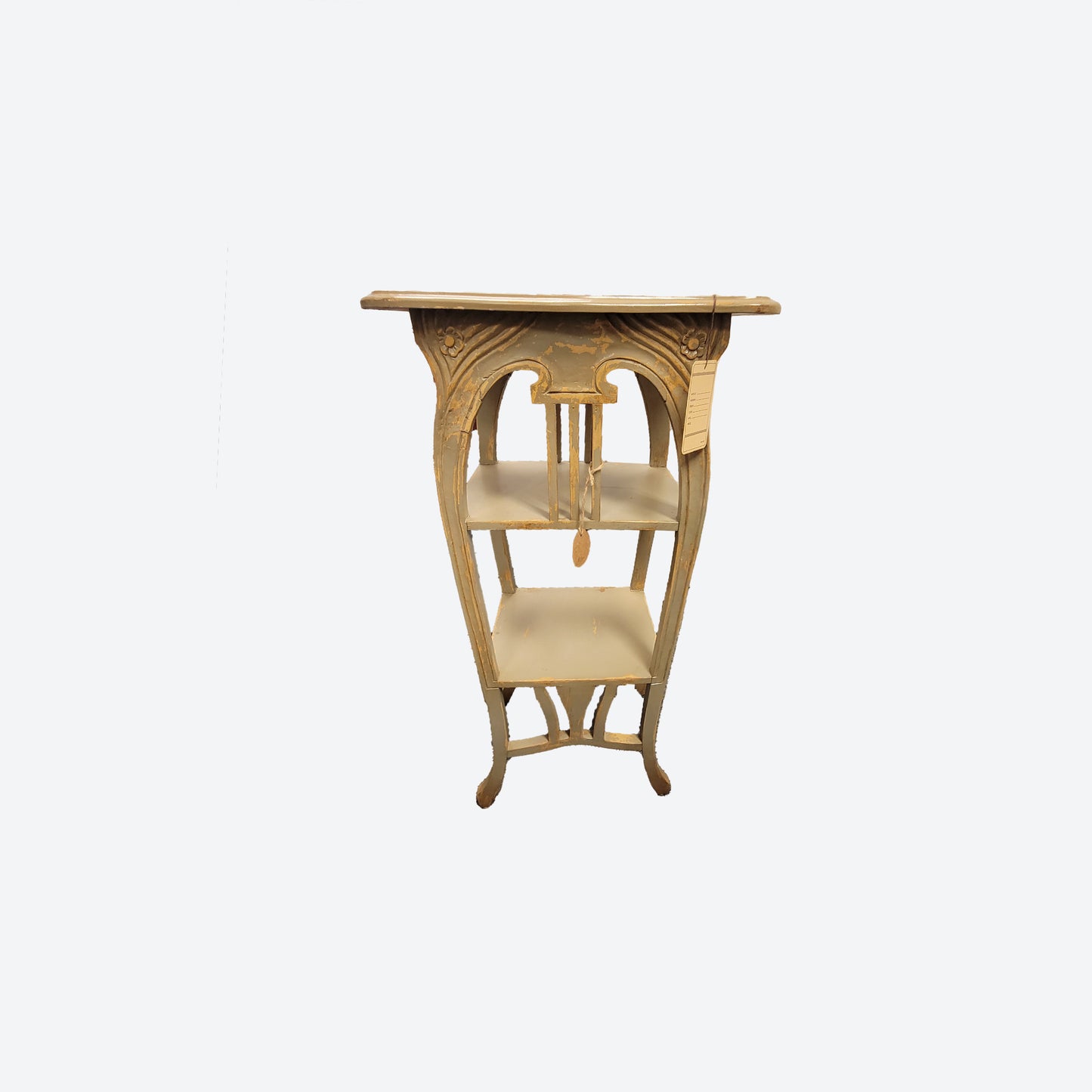 Light GREEN [ AND LIGHT BROWN ACCENTS]  RUSTIC SIDE/ ACCENT TABLE WITH CARVED ACCENTS -SK- SKU 1130