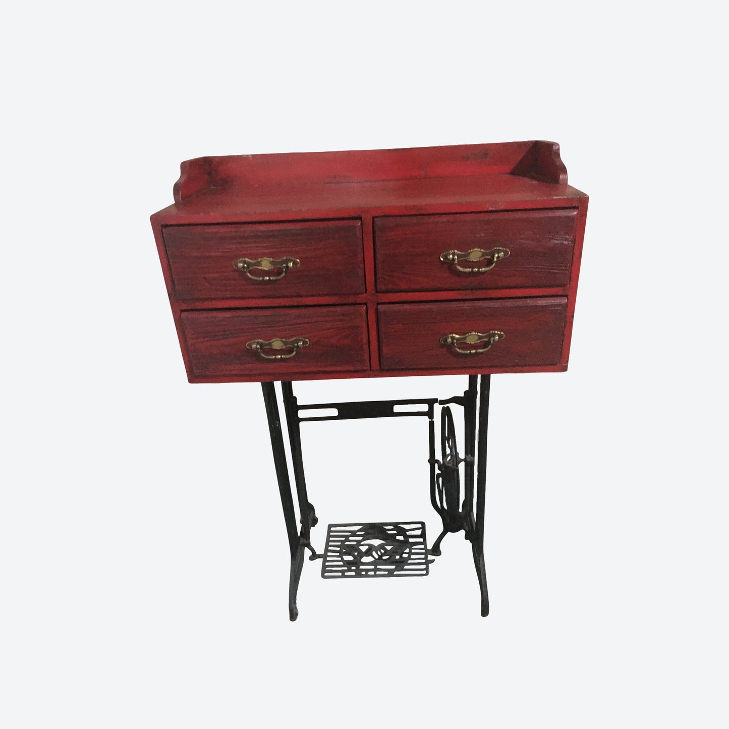 Red Rustic Table With Metal Legs And 4 Drawers -SK - SKU 1131