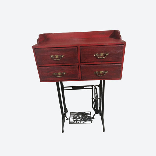Red Rustic Table With Metal Legs And 4 Drawers -SK - SKU 1131