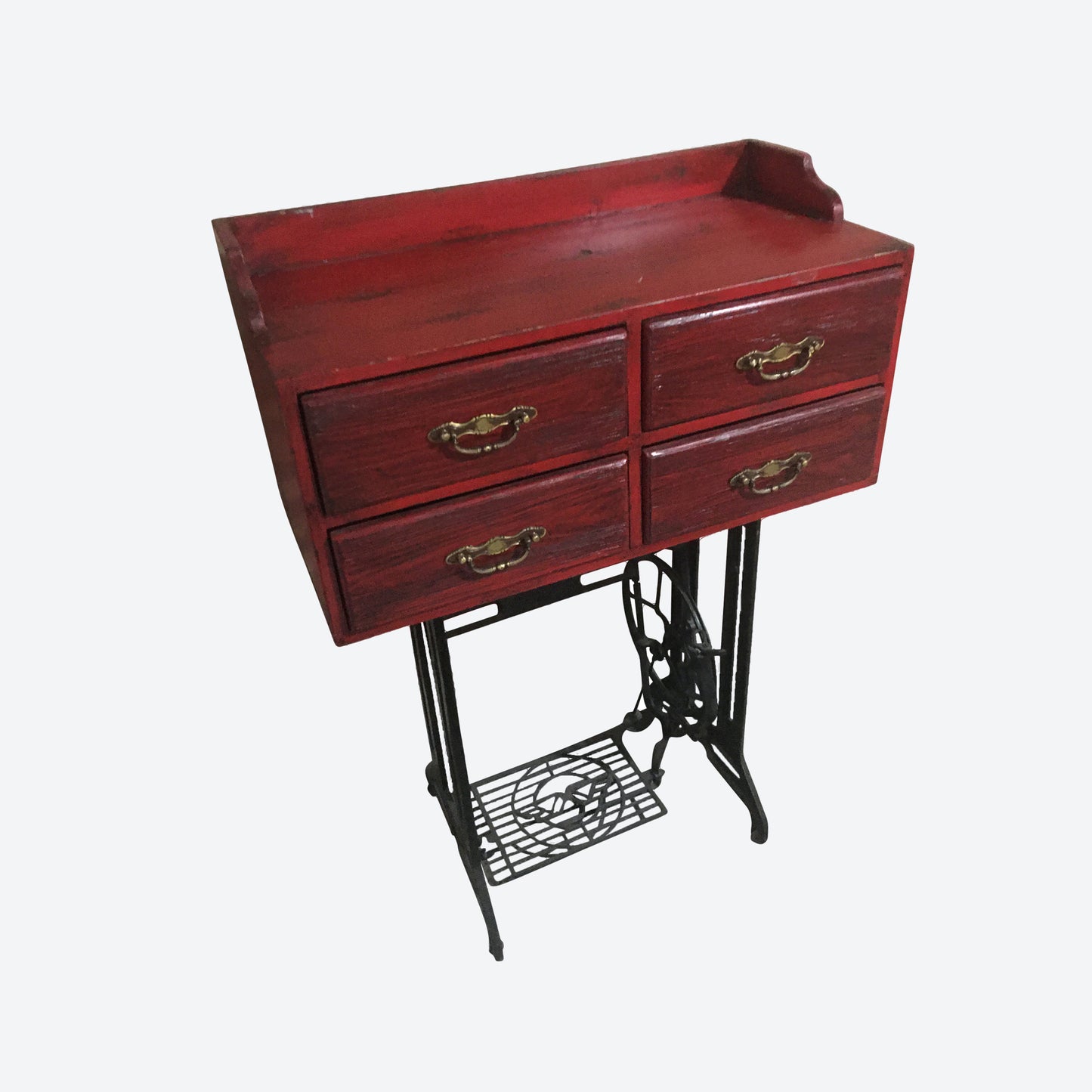 Red Rustic Table With Metal Legs And 4 Drawers -SK - SKU 1131