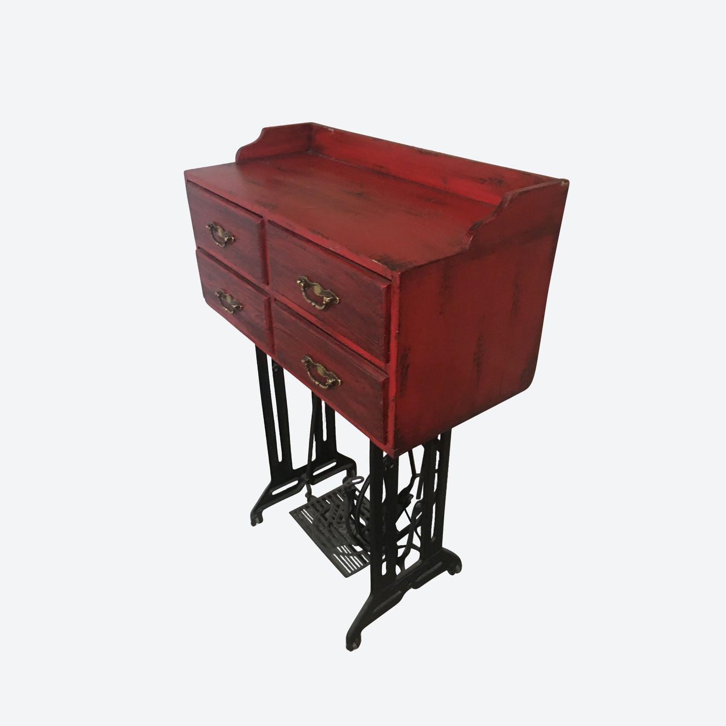 Red Rustic Table With Metal Legs And 4 Drawers -SK - SKU 1131