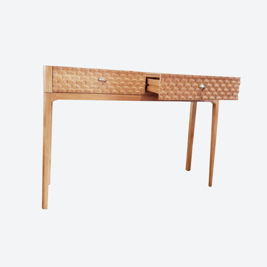 TEAK CENTER CONSOLE TABLE WITH 3D HANDCARVED DRAWERS -SK- SKU 1144
