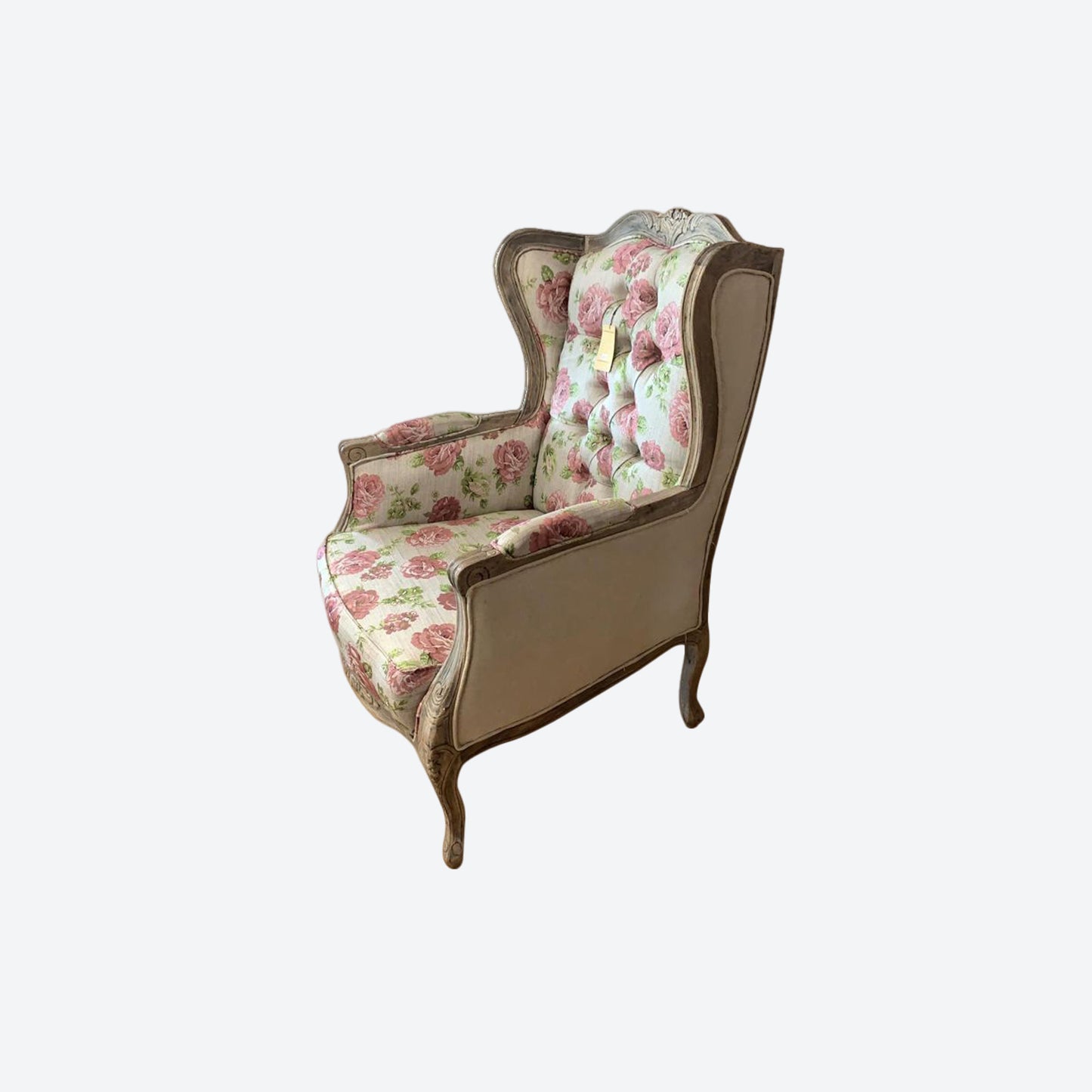 Tufted Organic Canvas Fabric Accent Chair With Cedar Wood Trim And Legs -SK- SKU 1161