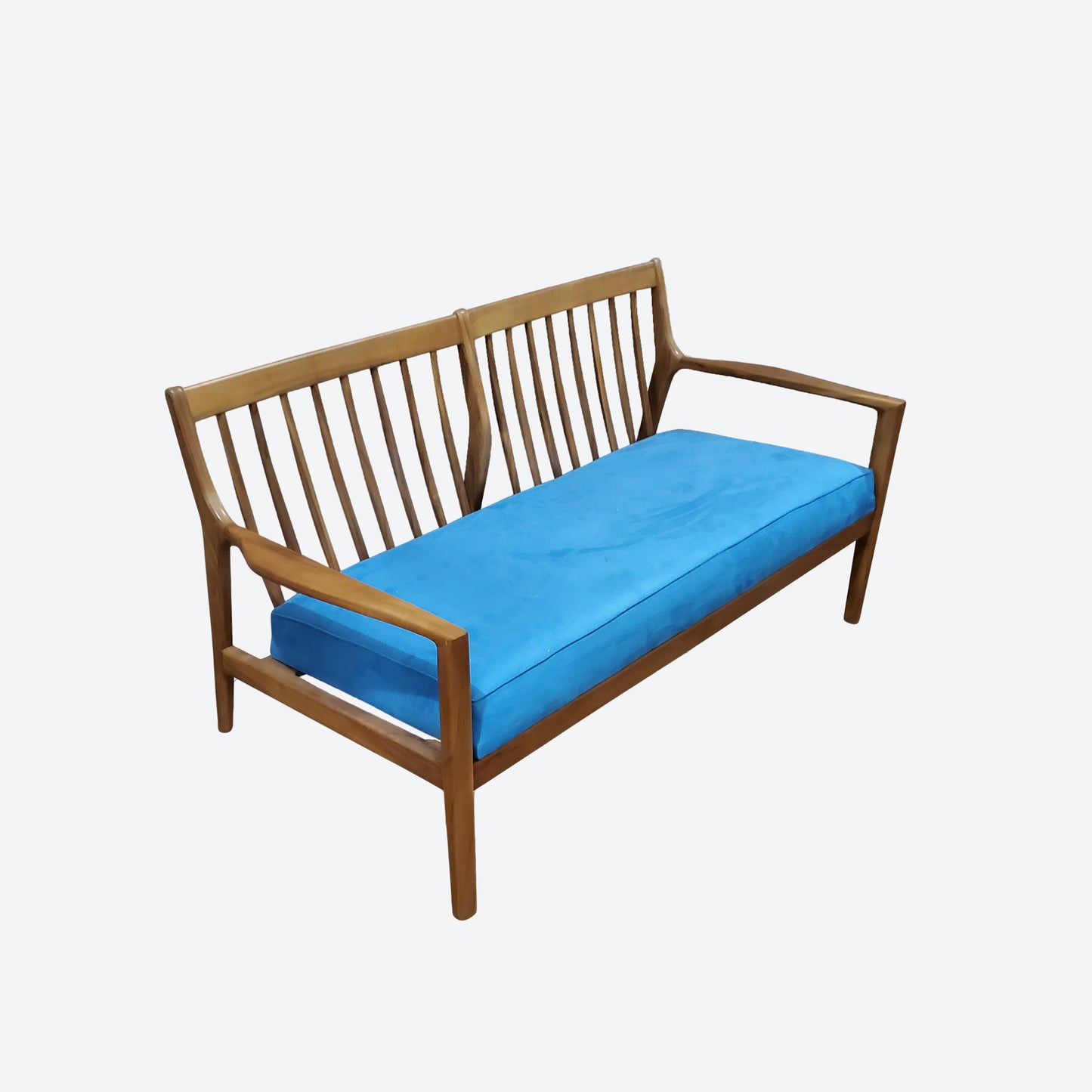 Teak Two And ONE Seater Sofa Set With Light Blue Velvet Seat - SK (SKU 1166)